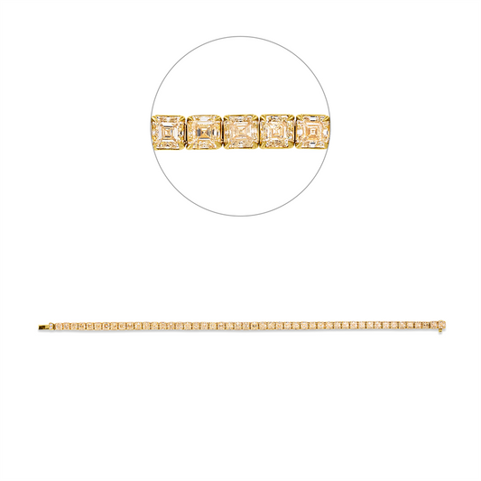 Armband 18 kt GG, 48 Assher 10,86 ct, gelb, 2 Brill. 0,02 ct, TW-si