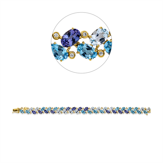 Armband 18 kt GG, 43 Br 0,40 ct, TW-si, 17 Top 8,40 ct blau, 13 Top 6,80 ct sky blue, 14 Tan 5,90 ct