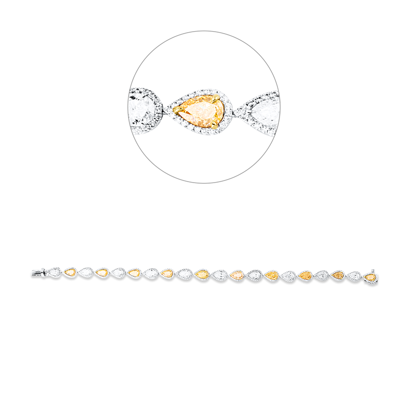Armband 18 kt WG, 10 Tr 4,29ct, 10 Tr 3,50ct, D-F-vvs/vs, gelb, 436 Brill. 1,26ct, D-TW-vsi/si