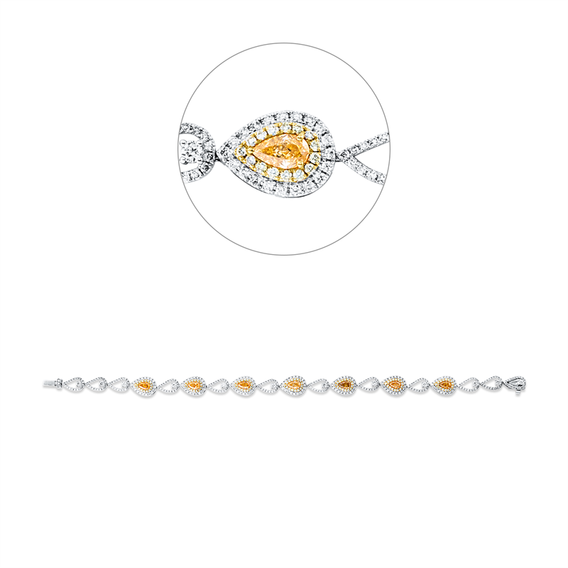 Armband 18 kt WG+GG, 383 Brill. 1,66 ct, TW-vsi, 7 Tropfen 1,36 ct, gelb, 105 Brill. 0,42 ct, gelb