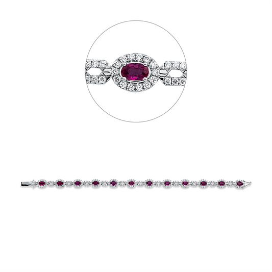 Armband 18 kt WG, 240 Brill. 2,12 ct, F-vsi, 12 Rubine 3,56 ct rot