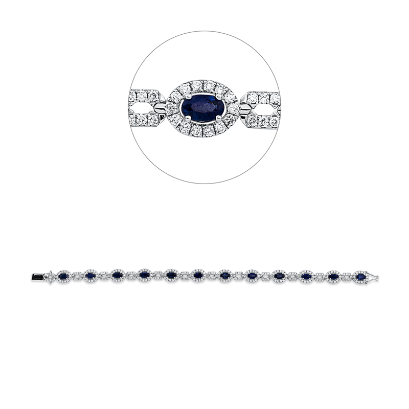 Armband 18 kt WG, 240 Brill. 2,13 ct, F-vsi, 12 Saphire 4,19 ct blau