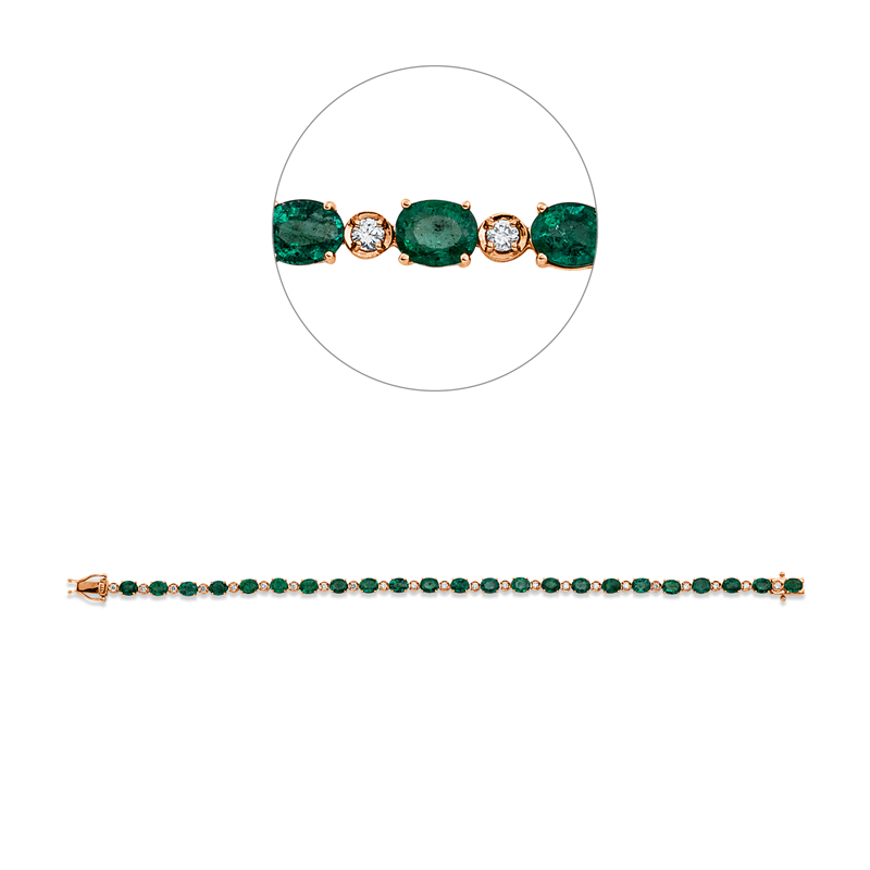 Armband 18 kt RG, 23 Brill. 0,47 ct, F-si, 23 Smaragde 6,57 ct grün