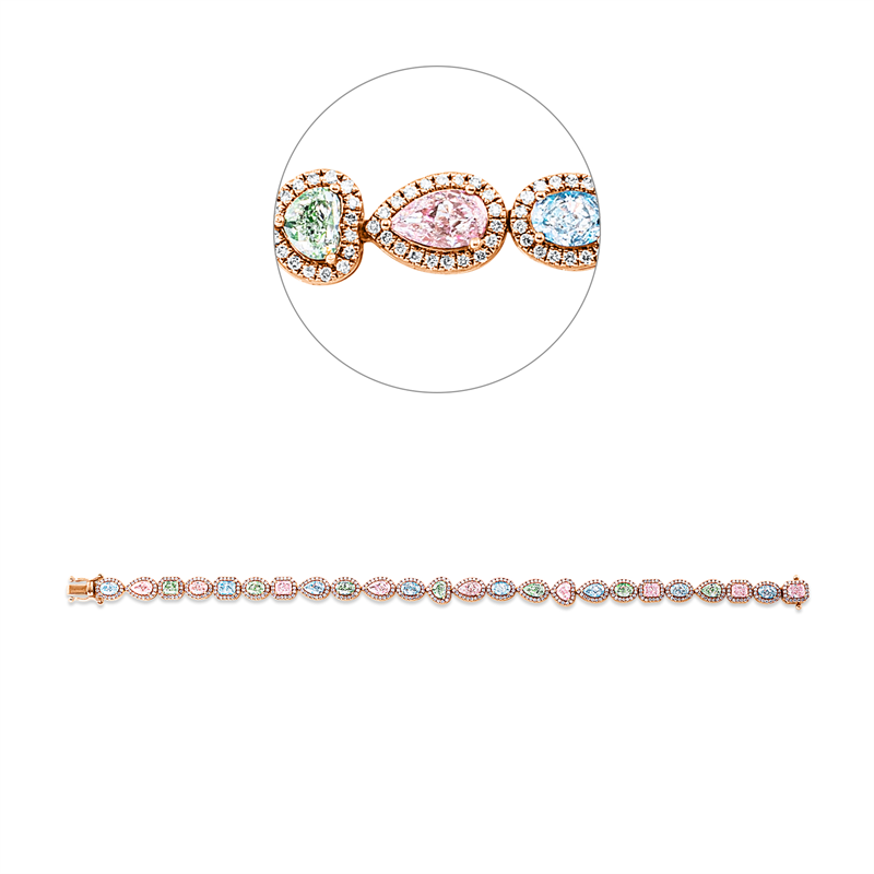 Armband 18 kt RG, 24 Fant-Schl. 7,26 ct, fancy-vsi, 424 Brill. 1,15 ct, pink