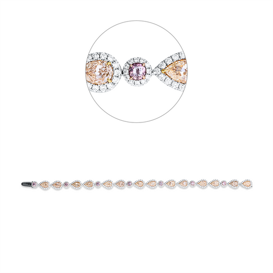Armband 18 kt WG+GG+RG, 308 Brill. 1,91 ct, TW-si, 14 Tropfen 7,21 ct, gelb, 7 Brill. 0,73 ct, pink