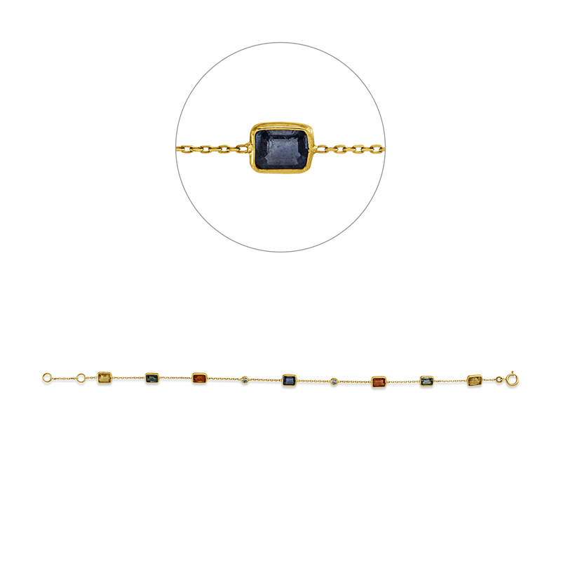 Armband 14 kt GG, 2 Brill. 0,12 ct, TW-si, 7 Saphire 3,70 ct multicolor