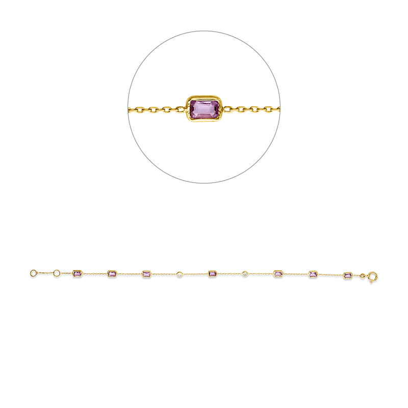 Armband 14 kt GG, 2 Brill. 0,12 ct, TW-si, 7 Saphire 1,60 ct pink