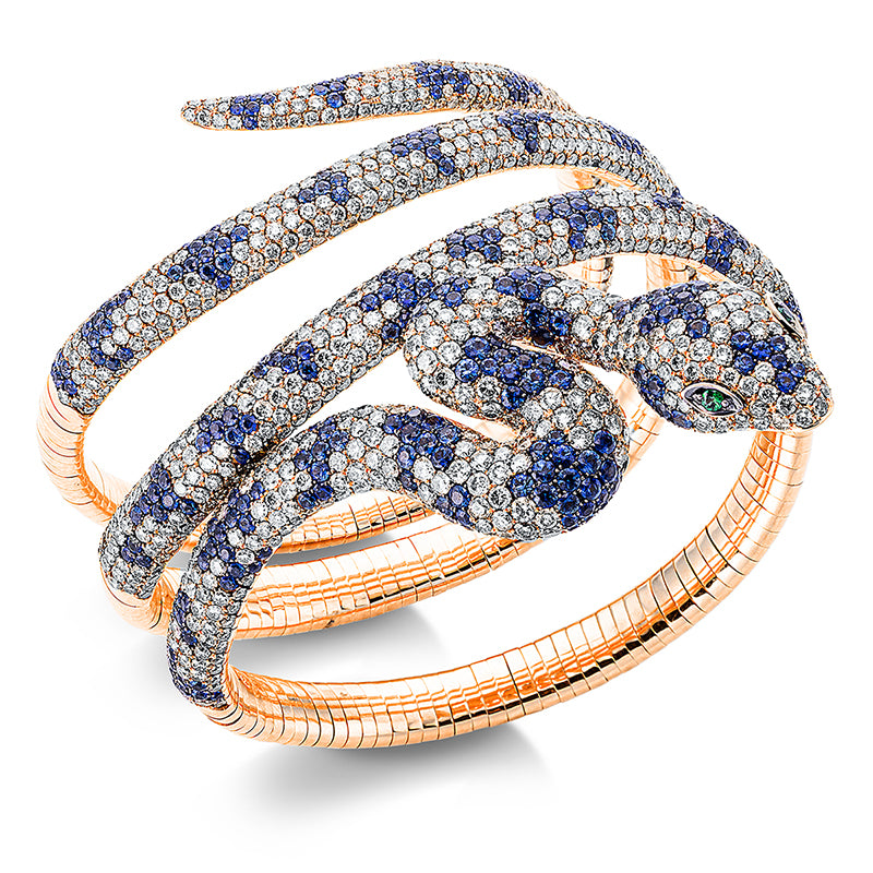 Armreif 18 kt RG, Fassung teils schwarz rhodinie, 1108 Brill. 21,71 ct, braun, 2 Tsavorith 0,08 ct grün, 393 Saphire 10,79 ct blau