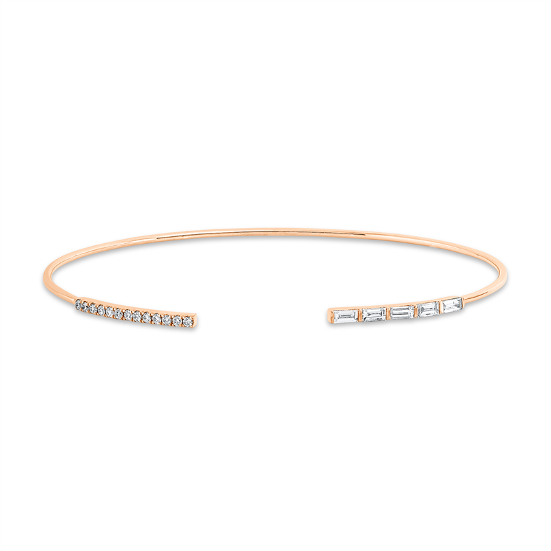 Armreif 14 kt RG, 5 Bag. 0,24 ct, F-vsi/si, 13 Brill. 0,11 ct, TW-pi