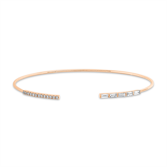 Armreif 14 kt RG, 5 Bag. 0,24 ct, F-vsi/si, 13 Brill. 0,11 ct, TW-pi
