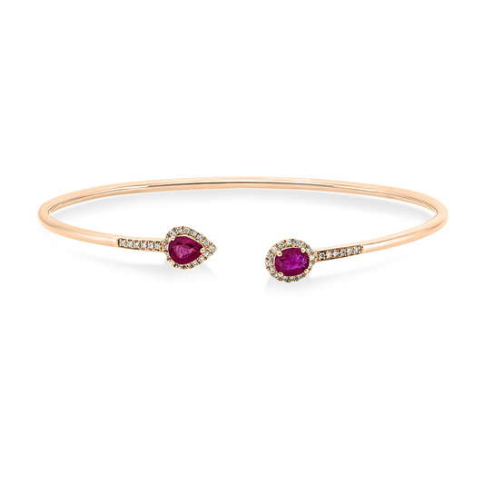 Armreif 18 kt RG, 44 Brill. 0,13 ct, F-si, 2 Rubine 0,87 ct rot