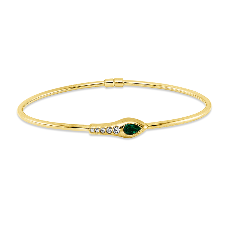 Armreif 18 kt GG, 5 Brill. 0,07 ct, F-vsi, 1 Smaragd 0,25 ct grün