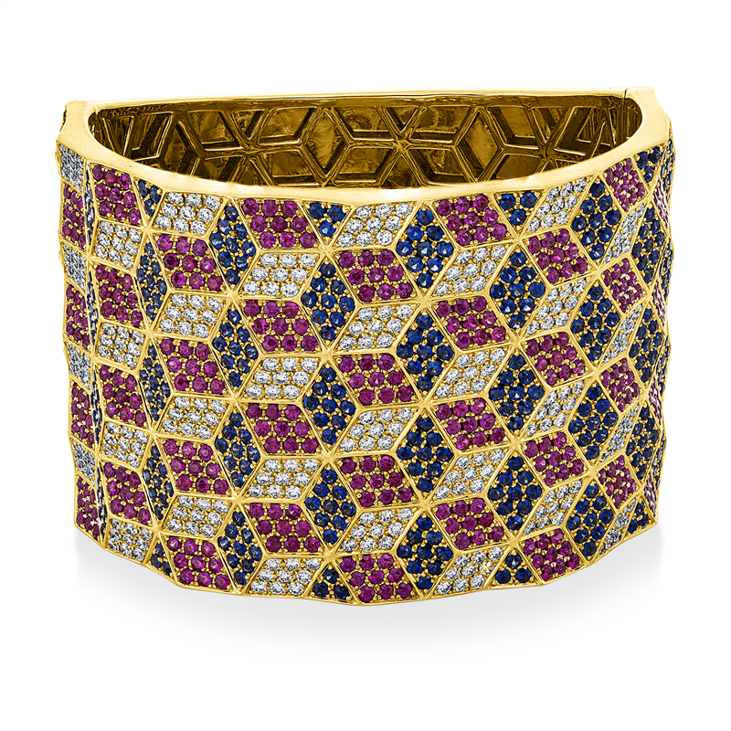 Armreif 18 kt GG, 396 Brill. 6,39 ct, TW-vsi/si, 368 Saphire 7,96 ct blau, 396 Rubine 8,46 ct rot