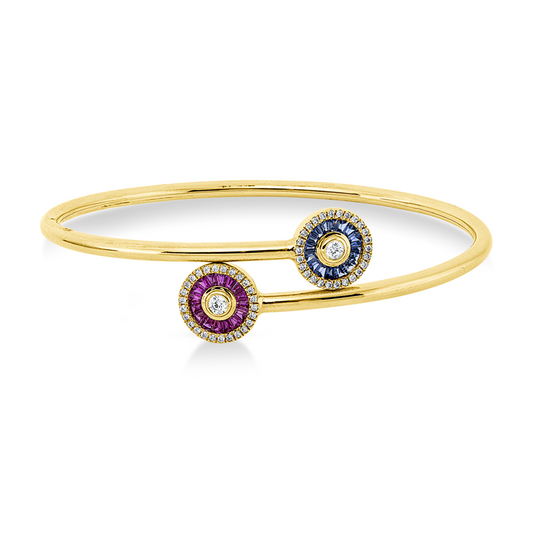 Armreif 14 kt GG, 54 Brill. 0,29 ct, TW-si, 16 Rubine 0,39 ct rot, 16 Saphire 0,39 ct blau