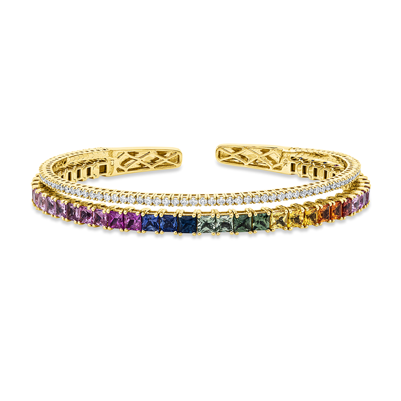 Armreif 14 kt GG, 85 Brill. 1,23 ct, TW-si, 43 Saphire 8,96 ct fancy