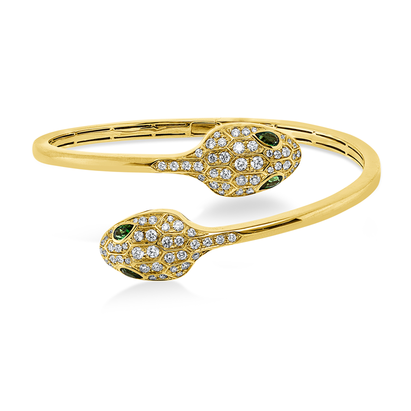 Armreif 18 kt GG, Fassung teils schwarz rhodinie, 84 Brill. 1,10 ct, 4 Tsavorith 0,78 ct grün