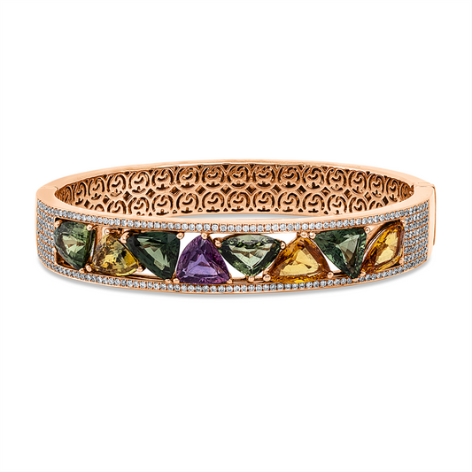 Armreif 18 kt RG, 222 Brill. 1,07 ct, TW-vsi/si, 8 Saphire 14,97 ct multicolor