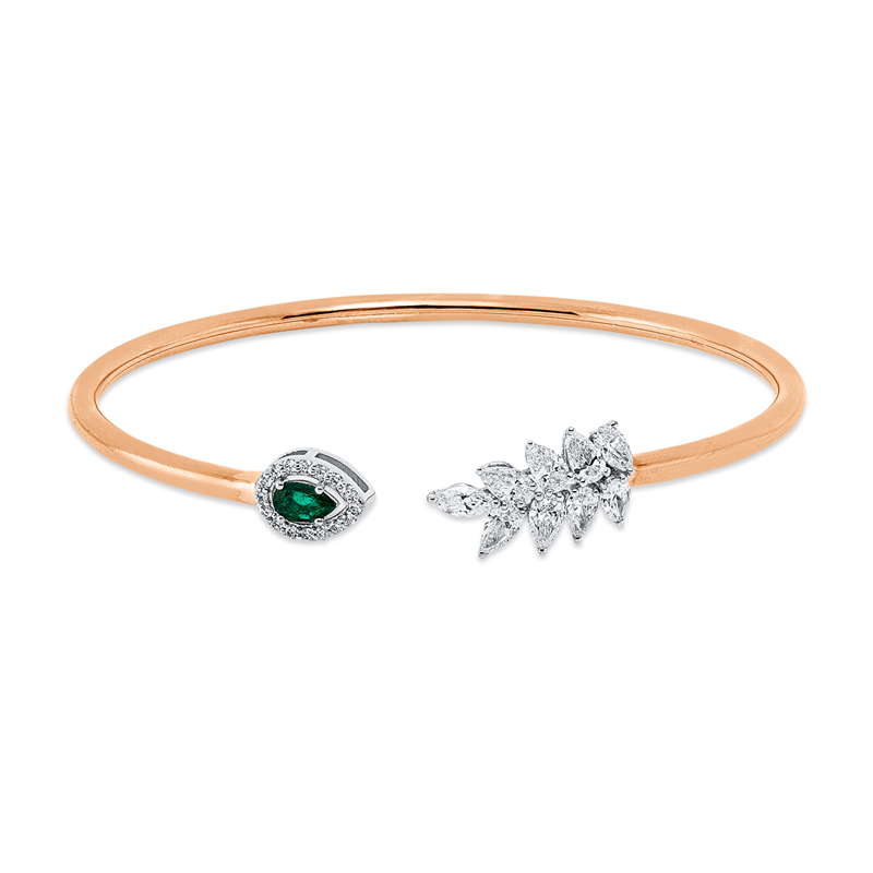 Armreif 18 kt RG+WG, 9  Fant-Schl 1,30 ct, F-vsi, 16 Brill. 0,10 ct, F-vsi, 1 Smaragd 0,27 ct grün