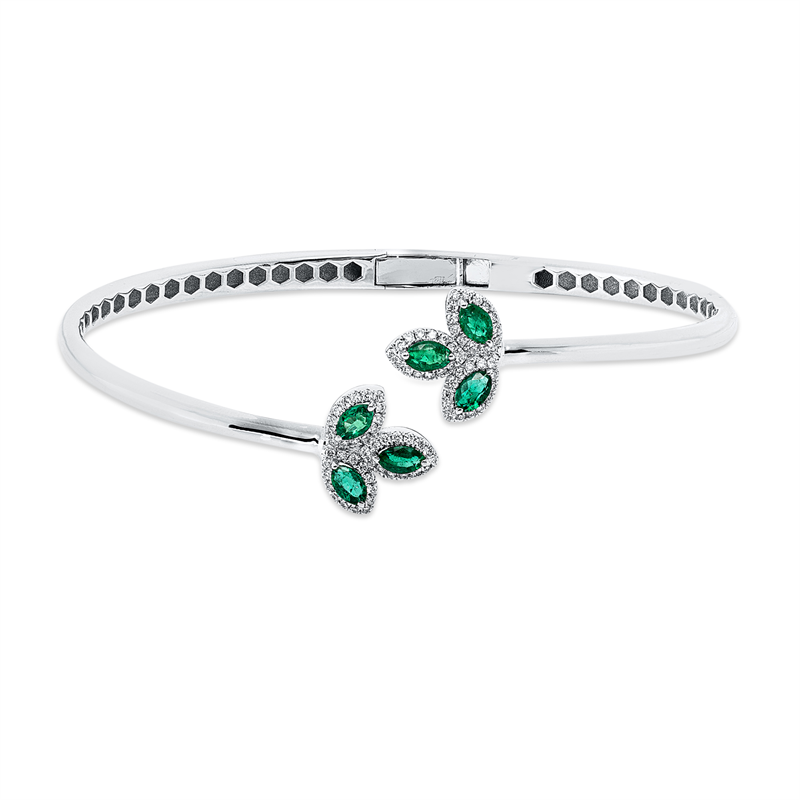 Armreif 18 kt WG, 84 Brill. 0,23 ct, F-vsi, 6 Smaragde 0,68 ct grün