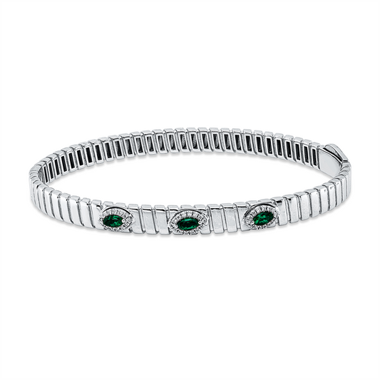Armreif 18 kt WG, 42 Brill. 0,09 ct, F-vsi, 3 Smaragde 0,26 ct grün