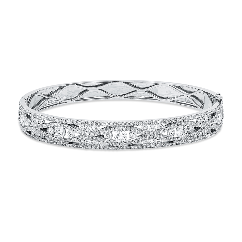 Armreif 18 kt WG, 18 Brill. 0,88 ct, TW-si, 5 Brill. 0,95 ct, TW-si, 344 Brill. 2,27 ct, TW-si